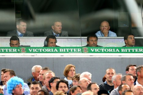Tense: Bob Fulton (top right) and Laurie Daley (centre) watch an Origin game in 2013.