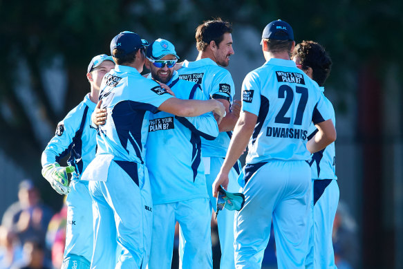 NSW players celebrate victory in the Marsh One Day Cup final against Western Australia at Bankstown Oval.