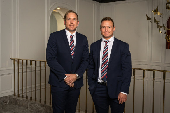 Sydney Roosters Academy CEO Mitch Aubusson and head coach Jake Friend at the Roosters’ foundation launch.