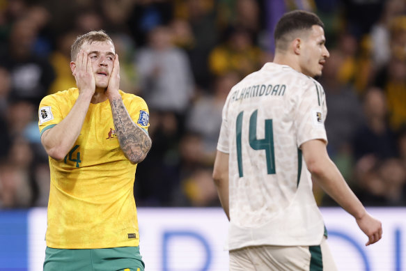 Riley McGree’s face says it all about the Socceroos’ clash with Saudi Arabia.