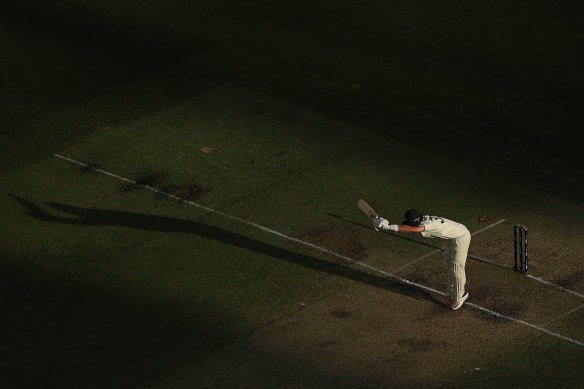 Marnus Labuschagne is out lbw to India’s Jasprit Bumrah in Perth.