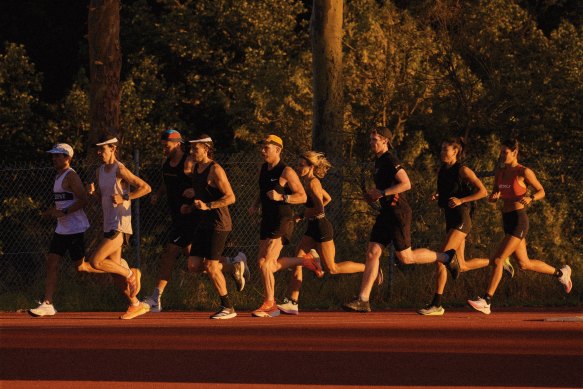 From left: Andrés Noé, Jamie Kavanagh, Xavier Watson, Sean Marshall, Conor Dillon, Tess Marks, Luke Moran, Montana Ferguson, Kelsey Dubar are part of the AM:PM Running Crew. 