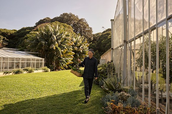 Chef Kimie Uemoto picks produce from the nursery.