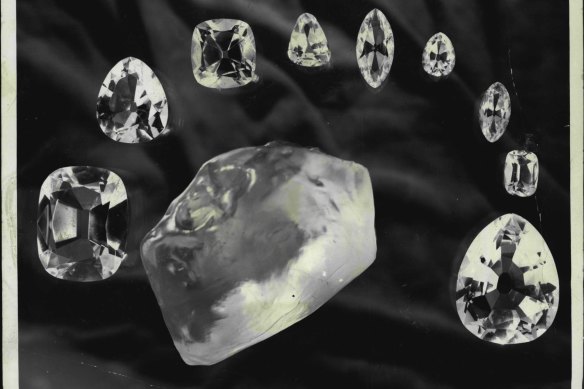 The world’s largest diamond, the Cullinan, in the rough and with the main gems from it. 