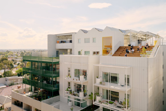 Nightingale Parklife, part of The Village precinct in Melbourne’s Brunswick, features a rooftop with a community amphitheatre with city views and productive gardens.