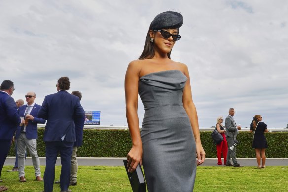 Effie Kats in her own design at the Caulfield Cup.