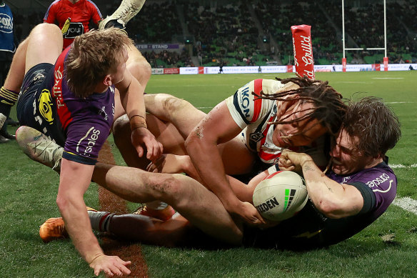 Grant Anderson pulls off a critical try-saving tackle on Dom Young.