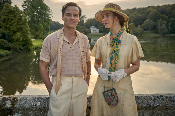 Andrew Scott, who plays the bohemian lord of the next-door manor Merlin, and Lily James as Linda in The Pursuit of Love.