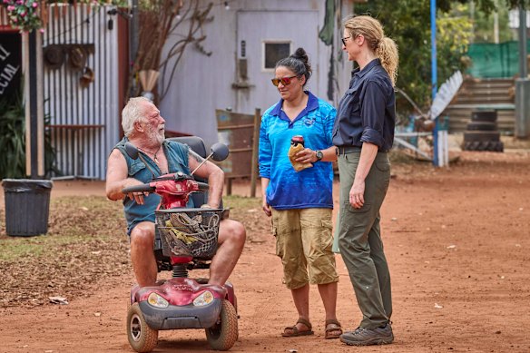 Steve Bisley, Madeleine Sami and Kate Box in season two of Deadloch.