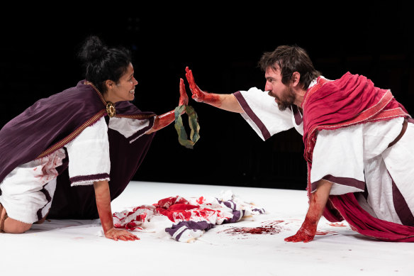 Zahra Newman and Ewen Leslie share a bloodied moment.