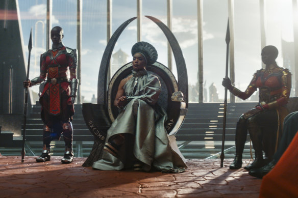 (L-R) Florence Kasumba, Angela Bassett and Danai Gurira in Black Panther: Wakanda Forever.