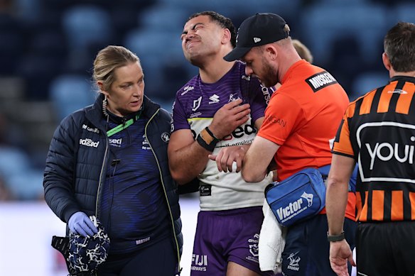 Jahrome Hughes of the Storm leaves the field injured.