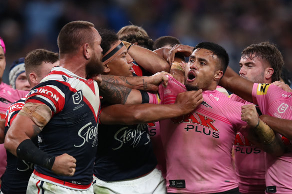 Jared Waerea-Hargreaves, pictured scuffling with now-Roosters teammate Spencer Leniu, will leave an indelible void at the club.