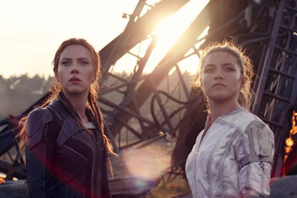 Scarlett Johansson as Natasha Romanoff and Florence Pugh as Yelena in Black Widow.