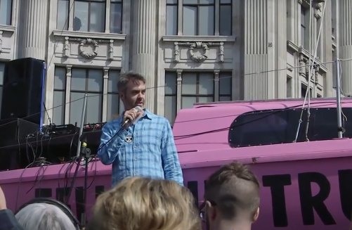 Jem Bendell speaks at an Extinction Rebellion event in London in 2019.