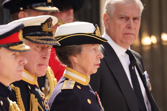 King Charles, Anne, Princess Royal, and the then Prince Andrew at the funeral of their mother, the late Queen Elizabeth II.