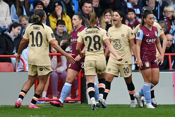 Sam Kerr (second from right) celebrates with her teammates after scoring the decisive goal in Chelsea’s FA Cup semi-final against Aston Villa.