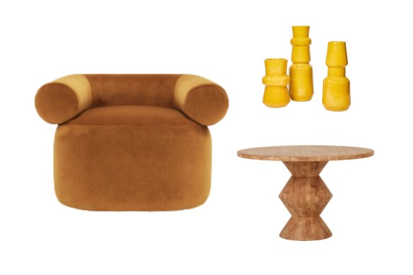 “Huggy” chair; “Earth” vases; “Bruno Totem” dining table.