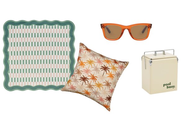 “Weekend” rug; “Cabo” outdoor cushion; “Wayfarer Reverse” sunglasses; “Retro” cooler  