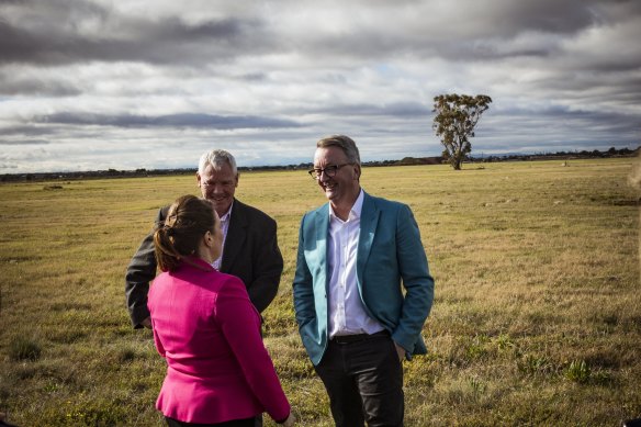 This patch of paddock in Cobblebank, inspected by Melton mayor Kathy Majdlik, Melton MP Steve McGhie (centre) and Health Minister Martin Foley, is to be home to the state’s newest public hospital. 