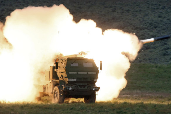 A HIMARS rocket launches from a truck.