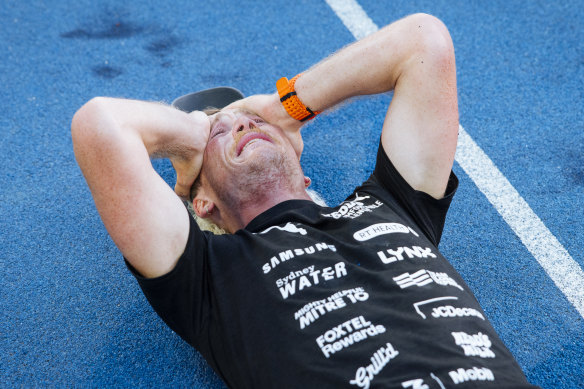 Nedd Brockmann moments after finishing his 1600km run at Sydney Olympic Park on Wednesday morning.