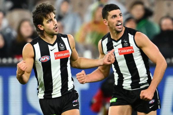 Young Collingwood star Josh Daicos celebrates a goal during the Magpies’ clash with the GWS.