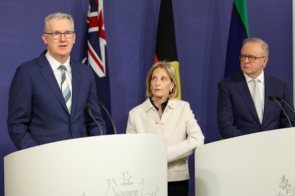 Immigration Minister Tony Burke with antisemitism envoy Jillian Segal and Prime Minister Anthony Albanese last week.