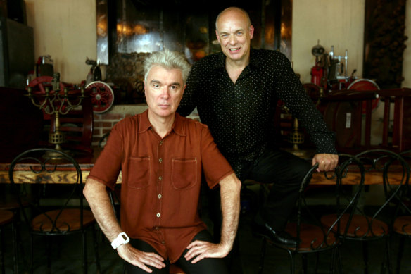 Brian Eno, right, with David Byrne in New York in July 2008.