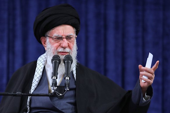 Supreme Leader Ayatollah Ali Khamenei speaks in a meeting in Tehran.