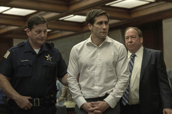 Jake Gyllenhaal as Rusty Sabich (with Bill Camp as his lawyer Raymond Horgan) in an early scene from Presumed Innocent.