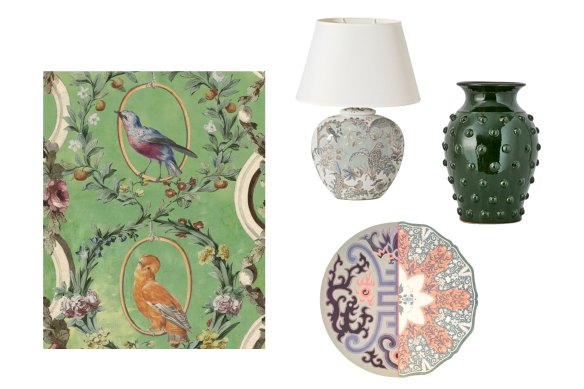 “The Countesses Avarian” wallpaper; “Pale Blue Birds in the Sky” lamp; “Sovereign” urn; “Hybrid Marozia” place mat.