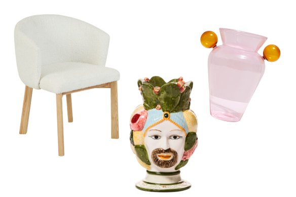 “Tate” dining chair; “Mondello Head” vase; Fazeek “Geo” urn.  