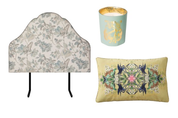 “Alice” queen bedhead; “L’Esprit de l’Eau”, an evocative tea-scented candle; “Wanderlust Tea Story” cushion.