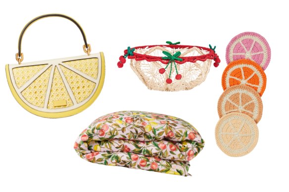 “Lemon Drop” bag; “Zesty” linen quilt cover; Raffia basket; “Fruitvale” coasters.