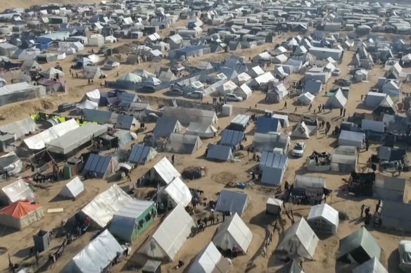 This drone image shows thousands of tents used by displaced people in Rafah, near the Egyptian border.