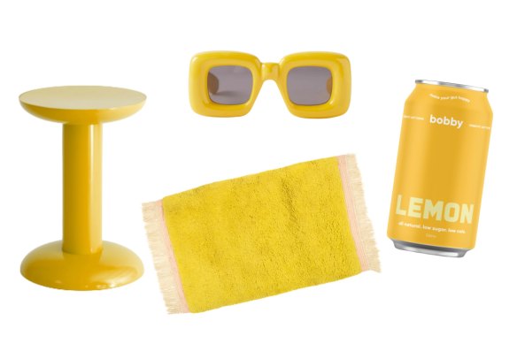 “Thing” stool; “Inflated” sunglasses; “Noise” rug; “Lemon” drink.