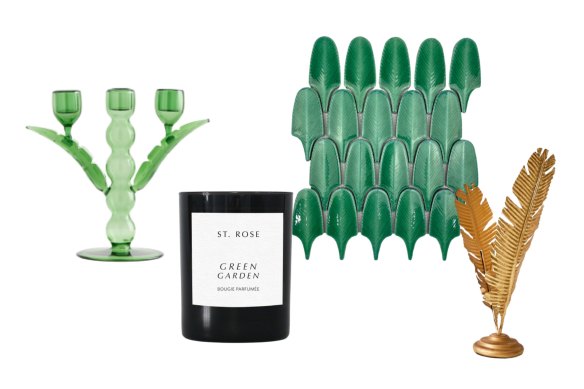 “Palmier” candleholder; “Green
Garden” candle; “Fern Flora” tiles; “Palm” table lamp.