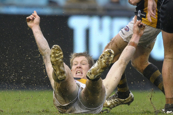 Jack Riewoldt in celebration mode after a goal against Port Adelaide in May 2010, the Tigers' first win of the season.. 