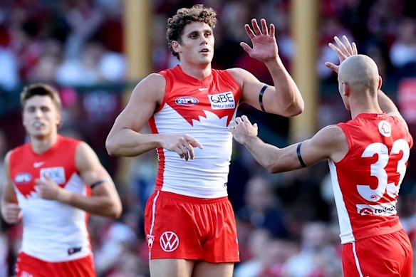 Charlie Curnow celebrates after a game to remember against Richmond.
