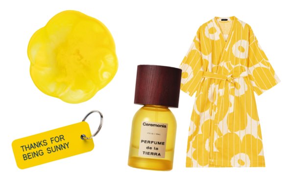 “Thanks for Being Sunny” key ring; “Paradise” bowl; “Perfume de la Tierra”; “Unikko” bathrobe.  