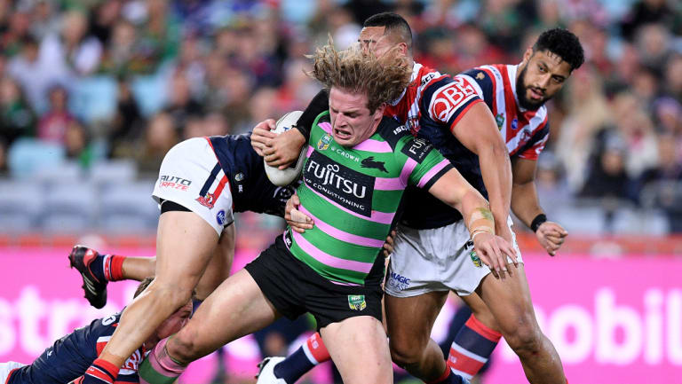 Home comforts: George Burgess and the Rabbitohs will have to play the Roosters on the home turf of the minor premiers should they meet in a grand final qualifier.