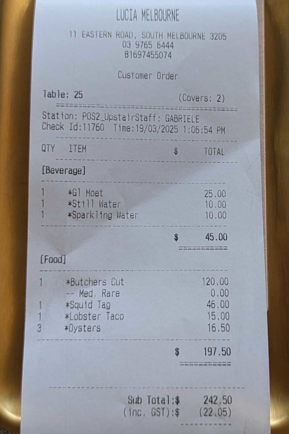 Cheque please: The bill at Lucia restaurant.