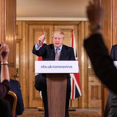 Prime Minister Boris Johnson at a March 16 press conference.