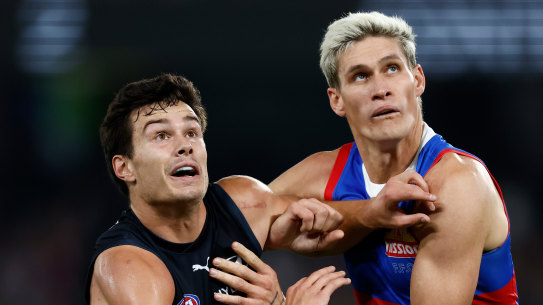 Jack Silvagni and Rory Lobb go to work at Marvel Stadium on Saturday night.