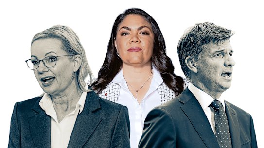 Jacinta Price, centre, has rocked the Liberal leadership race between Sussan Ley and Angus Taylor by switching to the party.