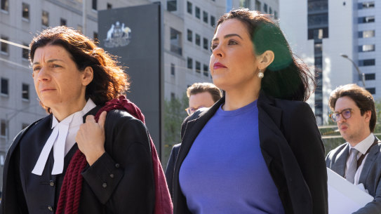 Moira Deeming, right, and her barrister Sue Chrysanthou arriving for the high-profile defamation case on Wednesday.