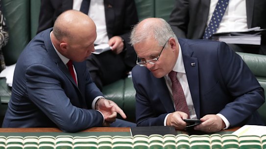 Peter Dutton and Prime Minister Scott Morrison during Question Time at Parliament House in Canberra on March 3, 2020.