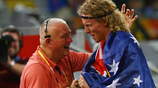 The late Maurie Plant, left, with Steve Hooker at the Beijing Games.