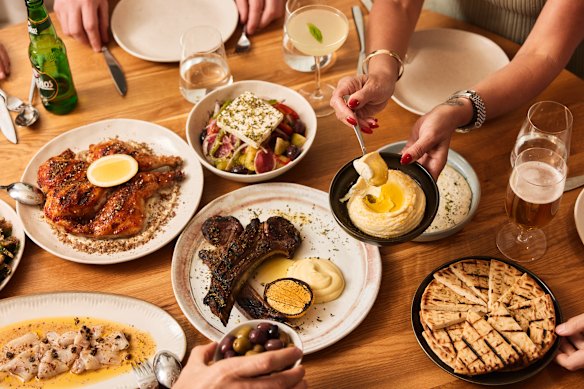 Taramasalata, whole BBQ chicken with chilli glaze and lemon yoghurt and horiatiki salad.